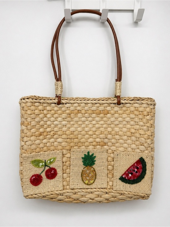 Unbranded Handbags - Unbranded Straw Tote Bag Fruit Print Beaded Gingham Boho Cherry Vacation
